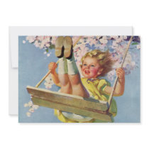 Vintage Child, Girl Swinging on Tree Swing, Spring