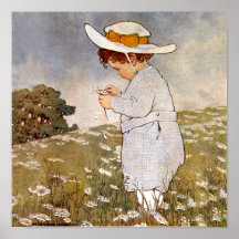 Vintage child picking daisy flowers print