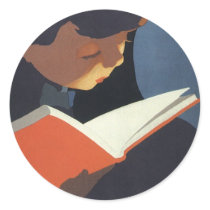 Vintage Child Reading a Book, Back to School Time! Round Sticker