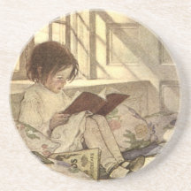 Vintage Child Reading a Book, Jessie Willcox Smith Drink Coasters