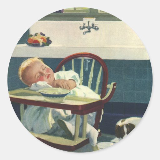 Vintage Children, Baby Sleeping Highchair Kitchen Round Sticker