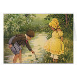 Vintage Children, Boy and Girl Playing by Creek Greeting Cards