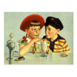 Vintage Children, Boy and Girl Sharing a Shake Postcards