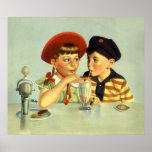 Vintage Children, Boy and Girl Sharing a Shake Posters