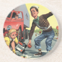Vintage Children, Boy Safety Patrol Helping Girl Drink Coaster