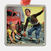 Vintage Children, Boy Safety Patrol Helping Girl Christmas Tree Ornaments
