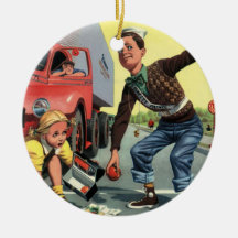 Vintage Children, Boy Safety Patrol Helping Girl Christmas Tree Ornament