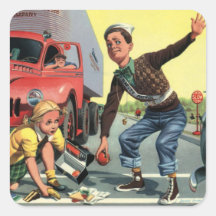 Vintage Children, Boy Safety Patrol Helping Girl Square Sticker