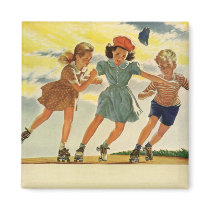 Vintage Children, Boys and Girls Roller Skating