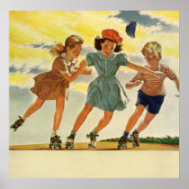 Vintage Children, Boys and Girls Roller Skating