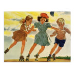 Vintage Children, Boys Girls Fun Roller Skating Postcard