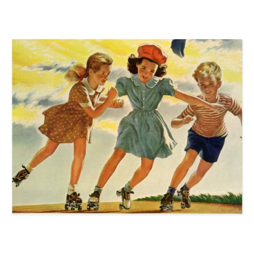Vintage Children, Boys Girls Fun Roller Skating Postcard