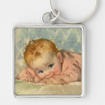 Vintage Children Cute Baby Girl in Pink on Blanket Key Chain