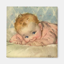 Vintage Children Cute Baby Girl in Pink on Blanket Refrigerator Magnets