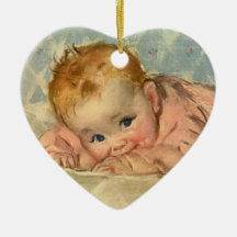 Vintage Children Cute Baby Girl in Pink on Blanket Christmas Ornaments