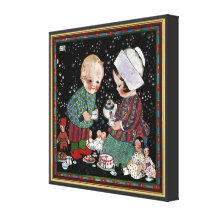 Vintage Children Having a Tea Party with Dolls Gallery Wrapped Canvas