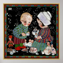 Vintage Children Having a Tea Party with Dolls Print