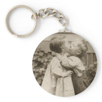 Vintage Children Kissing; Their First Kiss Key Chain