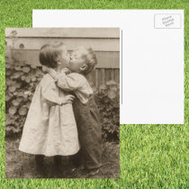Vintage Children Kissing; Their First Kiss Post Card