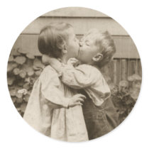 Vintage Children Kissing; Their First Kiss Round Sticker