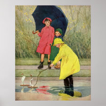 Vintage Children Playing Puddles Toy Boats Rain Poster