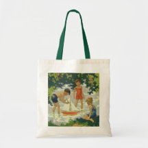 Vintage Children Playing Toy Sailboats Summer Pond Canvas Bag