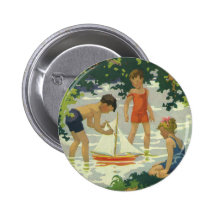 Vintage Children Playing Toy Sailboats Summer Pond Pinback Buttons