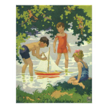 Vintage Children Playing Toy Sailboats Summer Pond Invitations
