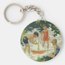 Vintage Children Playing Toy Sailboats Summer Pond Keychains