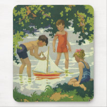 Vintage Children Playing Toy Sailboats Summer Pond Mouse Pads