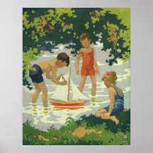 Vintage Children Playing Toy Sailboats Summer Pond Posters
