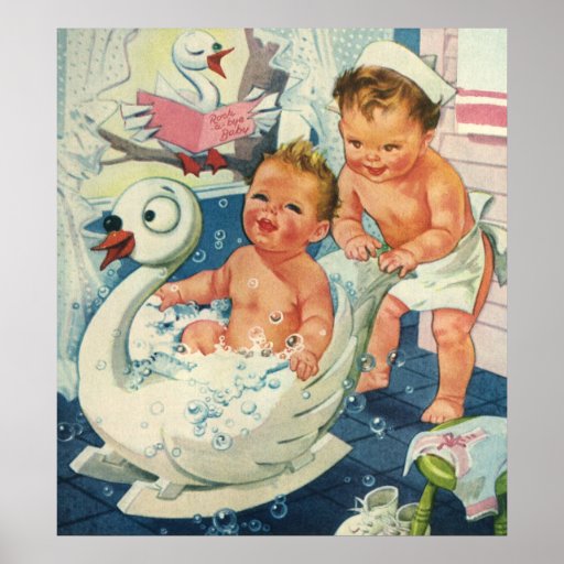Vintage Children Playing w Bubbles in Swan Bathtub Posters