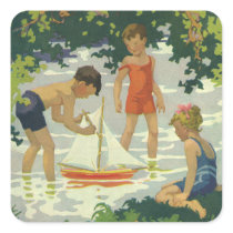 Vintage Children Playing with Sailboats in Summer