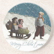 Vintage Children Sledding Beverage Coaster