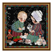 Vintage Children Tea Party with Dolls Birthday Invite