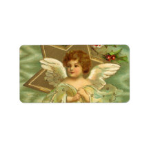 Vintage Christmas Angel Gold Star Holly Berries Address Label