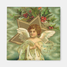 Vintage Christmas Angel Gold Star Holly Berries Refrigerator Magnet
