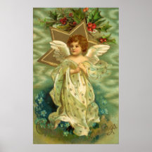 Vintage Christmas Angel Gold Star Holly Berries Print