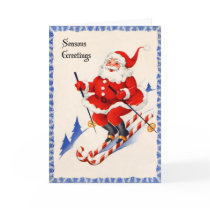 Vintage Christmas Card - Santa on Candy Cane Skis