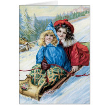 Vintage Christmas Card Sledding in Snow