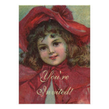 Vintage Christmas child with red Victorian Dress Announcements