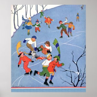 Vintage Christmas, Children Ice Skating on Pond Poster
