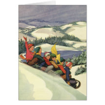 Vintage Christmas, Children Sledding Winter Snow Greeting Cards