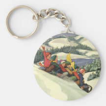 Vintage Christmas, Children Sledding Winter Snow Keychain