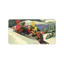 Vintage Christmas, Children Sledding Winter Snow Custom Address Label