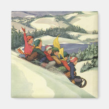 Vintage Christmas, Children Sledding Winter Snow Magnet