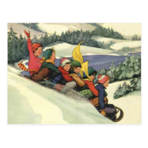Vintage Christmas, Children Sledding Winter Snow Postcard