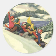 Vintage Christmas, Children Sledding Winter Snow Round Sticker