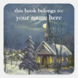 Vintage Christmas, Church in Moonlight Bookplate Square Stickers