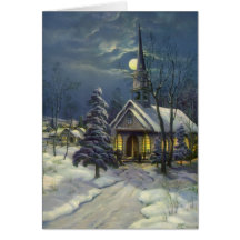 Vintage Christmas, Church in Moonlight Snow Winter Greeting Card